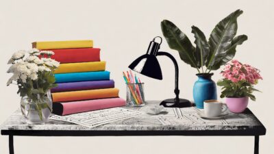 Et skrivebord med bøger, en lampe og en holder fyldt med skriveredskaber.